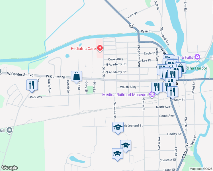 map of restaurants, bars, coffee shops, grocery stores, and more near 507 West Center Street in Medina
