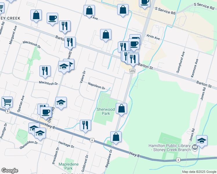 map of restaurants, bars, coffee shops, grocery stores, and more near 43 Napoleon Drive in Hamilton