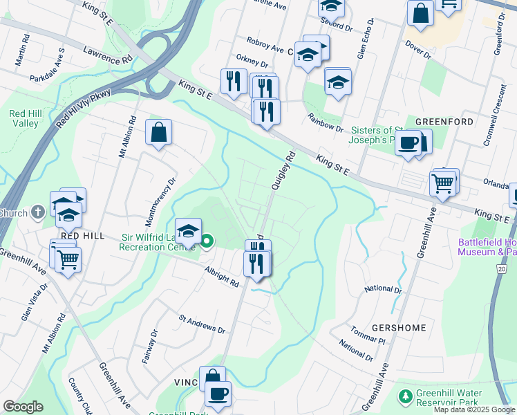 map of restaurants, bars, coffee shops, grocery stores, and more near 120 Quigley Road in Hamilton