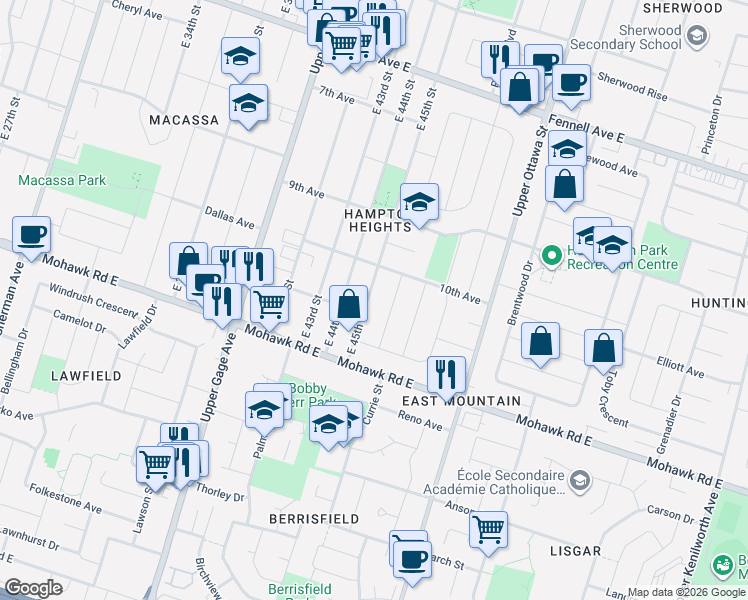 map of restaurants, bars, coffee shops, grocery stores, and more near 290 East 45th Street in Hamilton