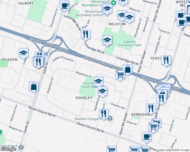 map of restaurants, bars, coffee shops, grocery stores, and more near 315 Brigadoon Drive in Hamilton