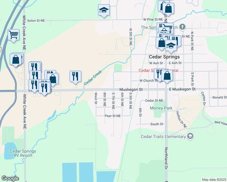 map of restaurants, bars, coffee shops, grocery stores, and more near 224 South 7th Street Northeast in Cedar Springs