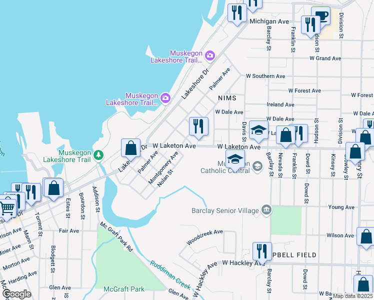 map of restaurants, bars, coffee shops, grocery stores, and more near 1383 West Laketon Avenue in Muskegon