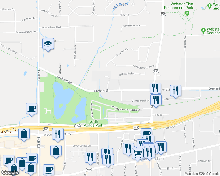 map of restaurants, bars, coffee shops, grocery stores, and more near 153 Orchard Street in Webster