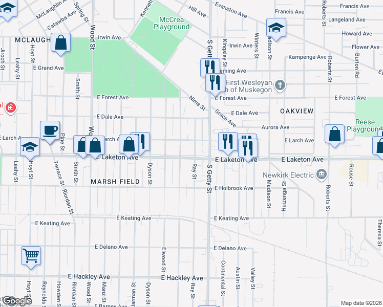 map of restaurants, bars, coffee shops, grocery stores, and more near 1785 Ray Street in Muskegon