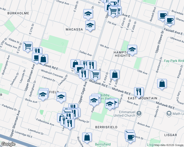 map of restaurants, bars, coffee shops, grocery stores, and more near 801 Upper Gage Avenue in Hamilton
