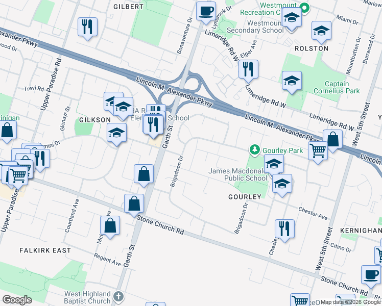 map of restaurants, bars, coffee shops, grocery stores, and more near 29 Grenoble Road in Hamilton