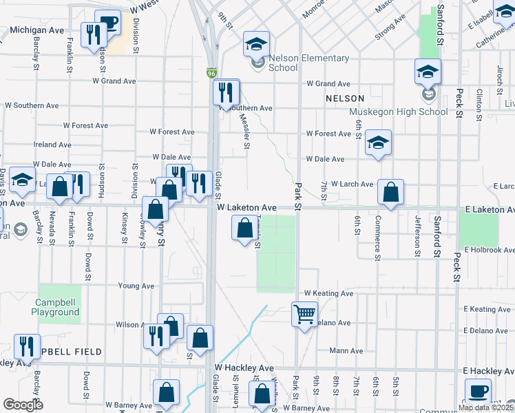 map of restaurants, bars, coffee shops, grocery stores, and more near 525 West Laketon Avenue in Muskegon