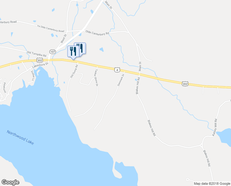 map of restaurants, bars, coffee shops, grocery stores, and more near 55 Denmark Drive in Northwood