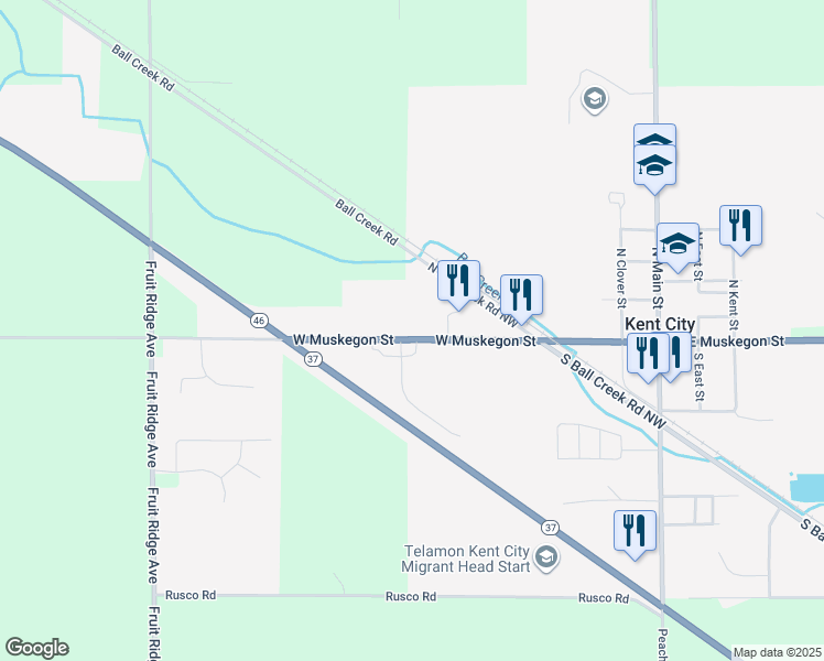 map of restaurants, bars, coffee shops, grocery stores, and more near 400 West Muskegon Street in Kent City