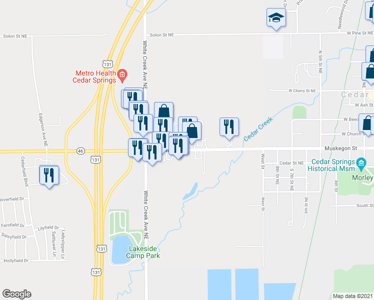 map of restaurants, bars, coffee shops, grocery stores, and more near 4141 17 Mile Road Northeast in Cedar Springs