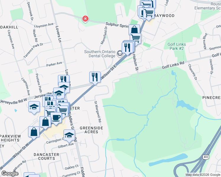 map of restaurants, bars, coffee shops, grocery stores, and more near 30 Cameron Drive in Hamilton