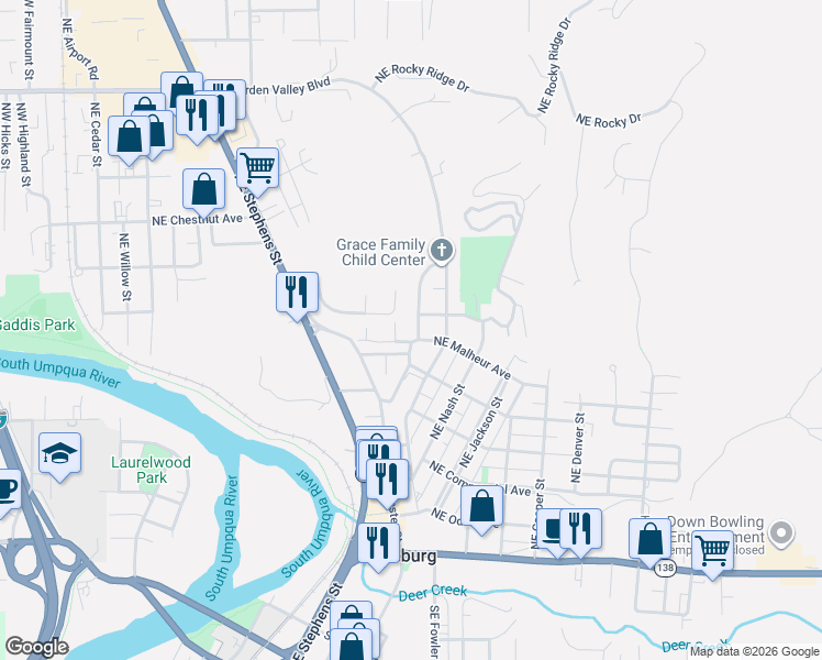 map of restaurants, bars, coffee shops, grocery stores, and more near 1137 Northeast Malheur Avenue in Roseburg