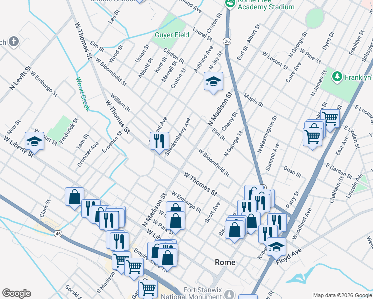map of restaurants, bars, coffee shops, grocery stores, and more near 509 North Madison Street in Rome