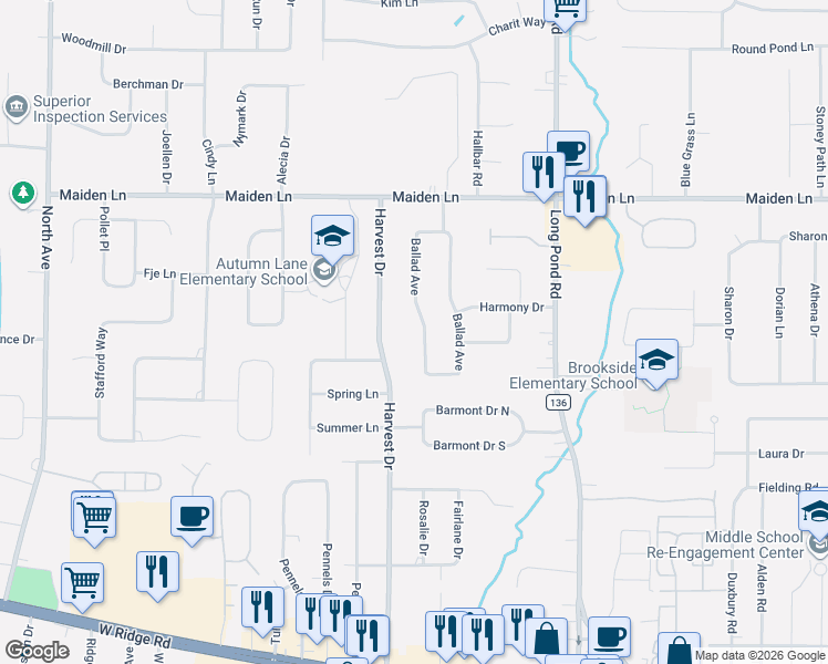 map of restaurants, bars, coffee shops, grocery stores, and more near 544 Harvest Drive in Rochester