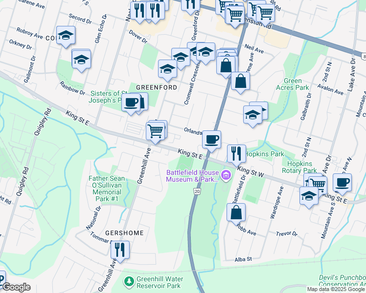map of restaurants, bars, coffee shops, grocery stores, and more near 2846 King Street East in Hamilton