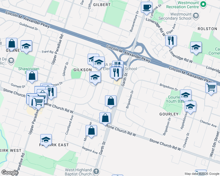map of restaurants, bars, coffee shops, grocery stores, and more near 70 Graystone Drive in Hamilton