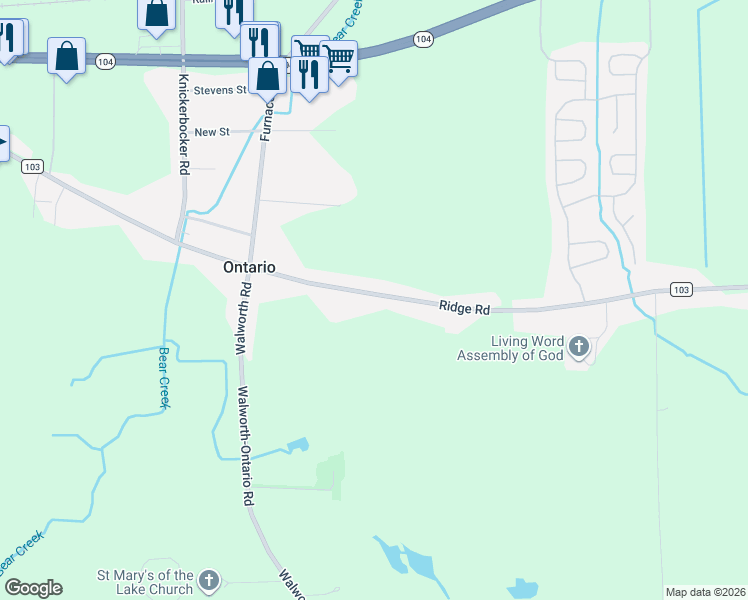 map of restaurants, bars, coffee shops, grocery stores, and more near 2138 Ridge Road in Ontario