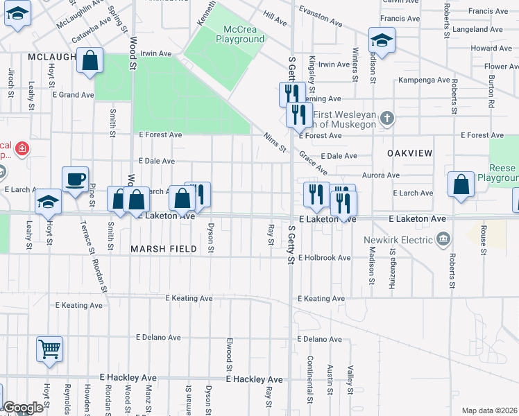 map of restaurants, bars, coffee shops, grocery stores, and more near 1785 Ray Street in Muskegon