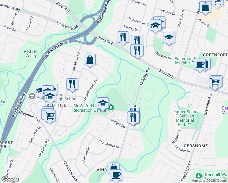 map of restaurants, bars, coffee shops, grocery stores, and more near 100 Quigley Road in Hamilton