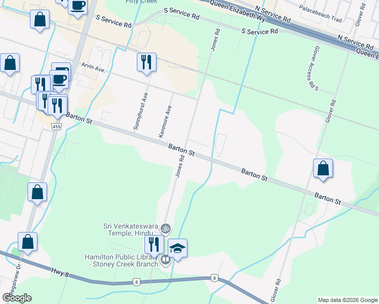 map of restaurants, bars, coffee shops, grocery stores, and more near Barton Street in Hamilton