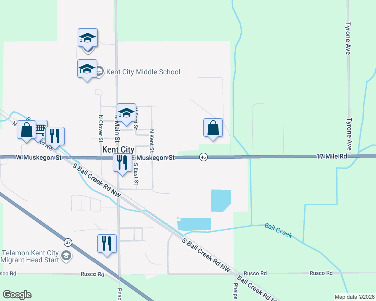 map of restaurants, bars, coffee shops, grocery stores, and more near 2956 17 Mile Road in Kent City