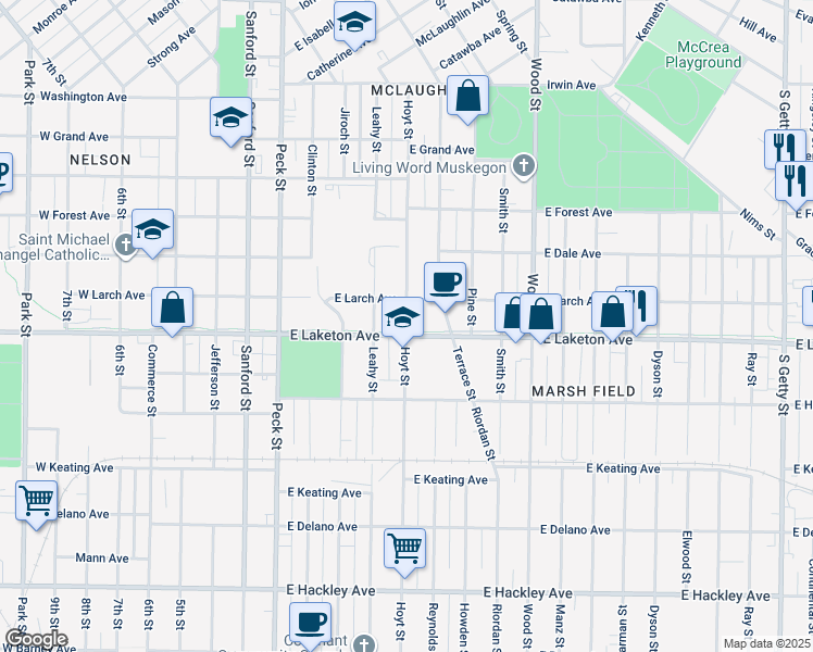 map of restaurants, bars, coffee shops, grocery stores, and more near 1784 Hoyt Street in Muskegon