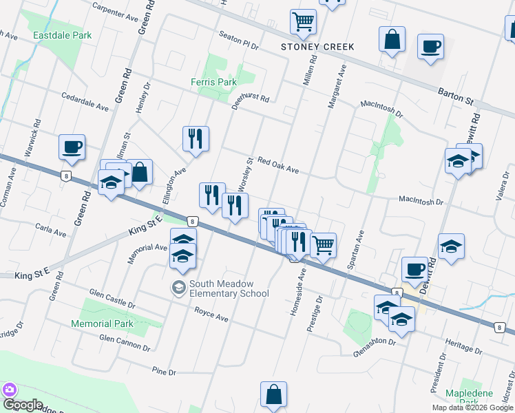 map of restaurants, bars, coffee shops, grocery stores, and more near 185 Millen Road in Hamilton