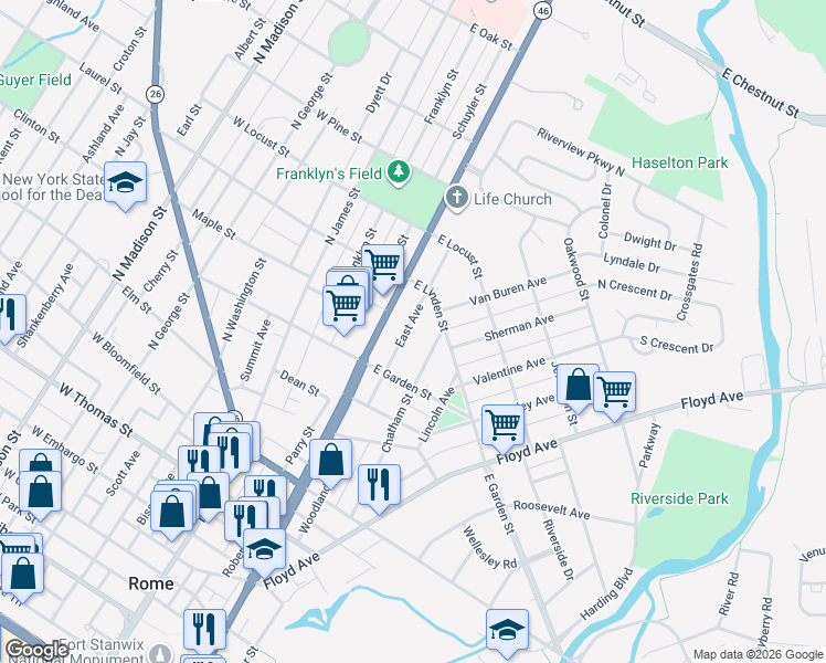 map of restaurants, bars, coffee shops, grocery stores, and more near 808 East Avenue in Rome