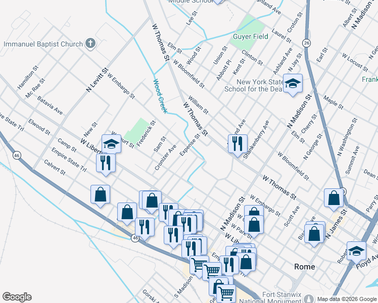 map of restaurants, bars, coffee shops, grocery stores, and more near 327 Kossuth Street in Rome