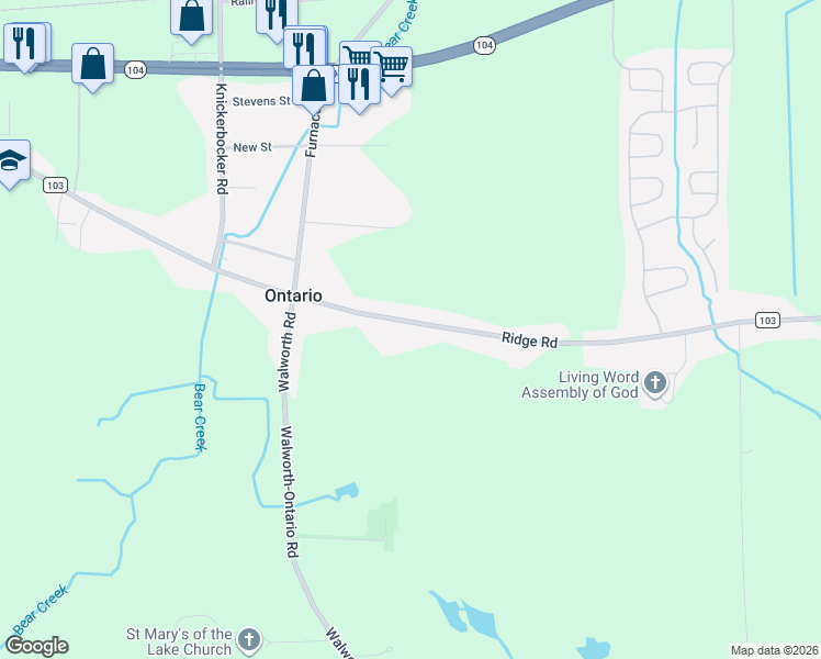 map of restaurants, bars, coffee shops, grocery stores, and more near 2138 Ridge Road in Ontario