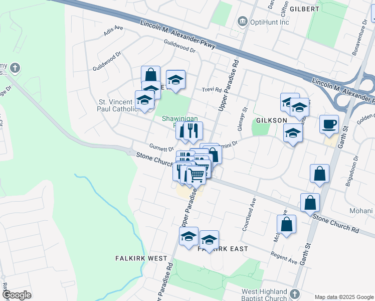 map of restaurants, bars, coffee shops, grocery stores, and more near 34 Vespari Place in Hamilton
