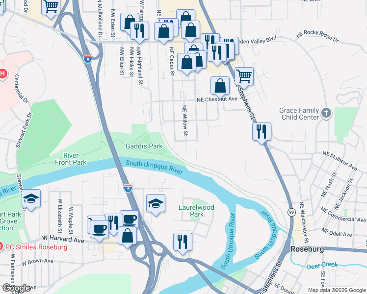 map of restaurants, bars, coffee shops, grocery stores, and more near 865 Northeast Cedar Street in Roseburg