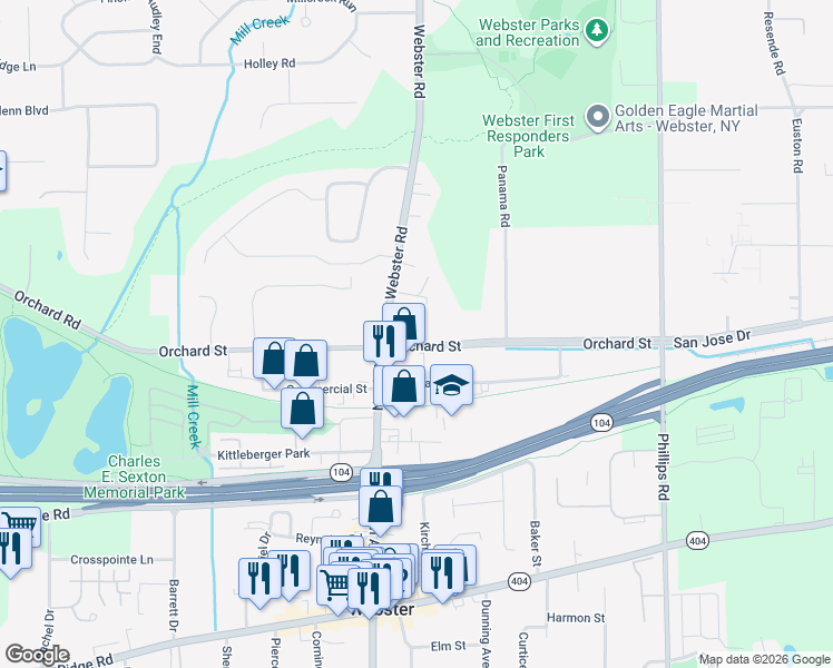 map of restaurants, bars, coffee shops, grocery stores, and more near 263 North Avenue in Webster