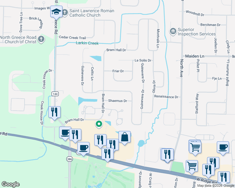 map of restaurants, bars, coffee shops, grocery stores, and more near 114 Shaemus Drive in Rochester