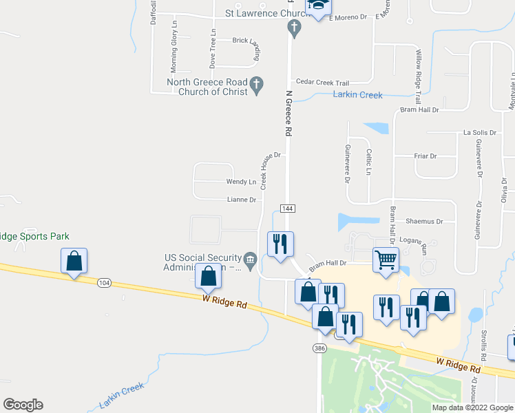 map of restaurants, bars, coffee shops, grocery stores, and more near 17 Lianne Drive in Rochester
