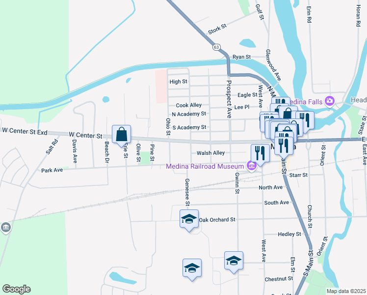 map of restaurants, bars, coffee shops, grocery stores, and more near 507 West Center Street in Medina