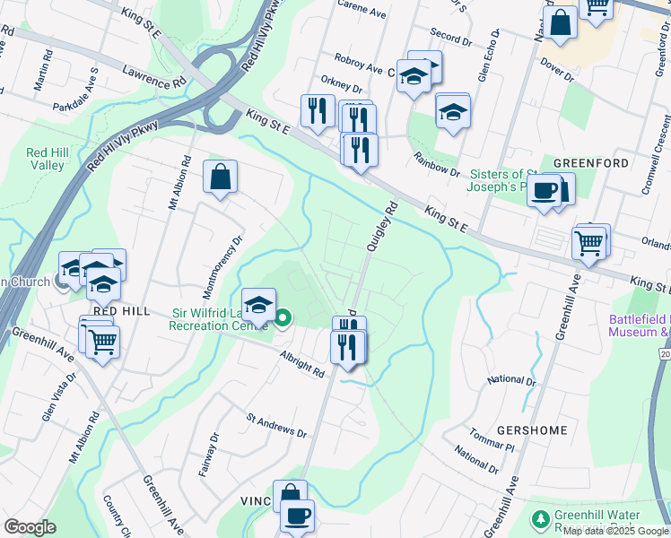 map of restaurants, bars, coffee shops, grocery stores, and more near 120 Quigley Road in Hamilton