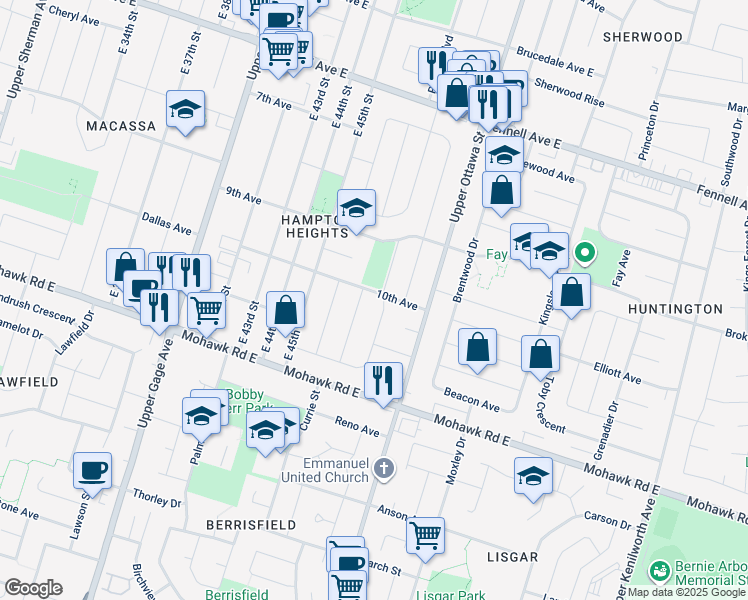 map of restaurants, bars, coffee shops, grocery stores, and more near 17 Nottingham Avenue in Hamilton