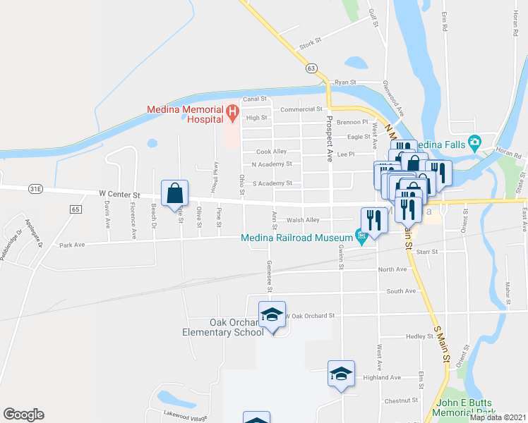 map of restaurants, bars, coffee shops, grocery stores, and more near 507 West Center Street in Medina