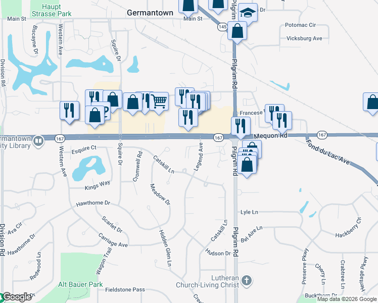 map of restaurants, bars, coffee shops, grocery stores, and more near N110W15918 Potters Court in Germantown