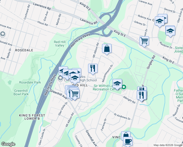 map of restaurants, bars, coffee shops, grocery stores, and more near 23 Redhill Avenue in Hamilton