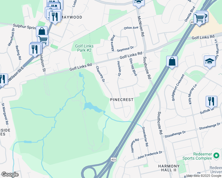 map of restaurants, bars, coffee shops, grocery stores, and more near 91 Chancery Drive in Hamilton