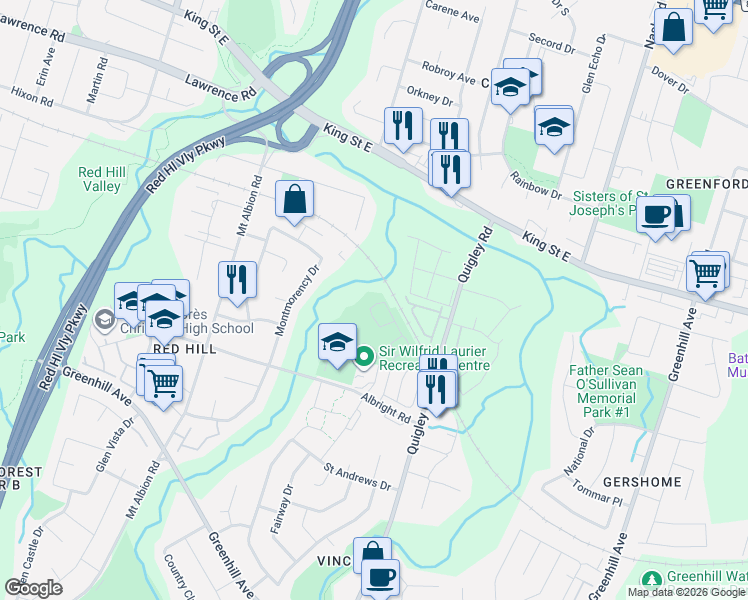 map of restaurants, bars, coffee shops, grocery stores, and more near 36 Pelican Lane in Hamilton