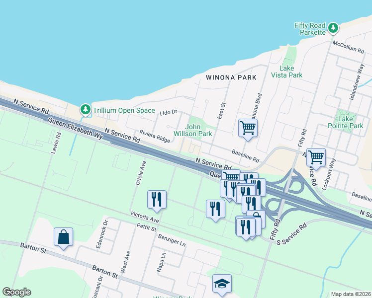 map of restaurants, bars, coffee shops, grocery stores, and more near 27 Rachel Drive in Hamilton