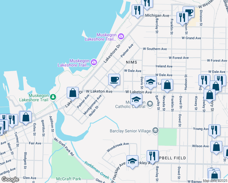map of restaurants, bars, coffee shops, grocery stores, and more near 1383 West Laketon Avenue in Muskegon
