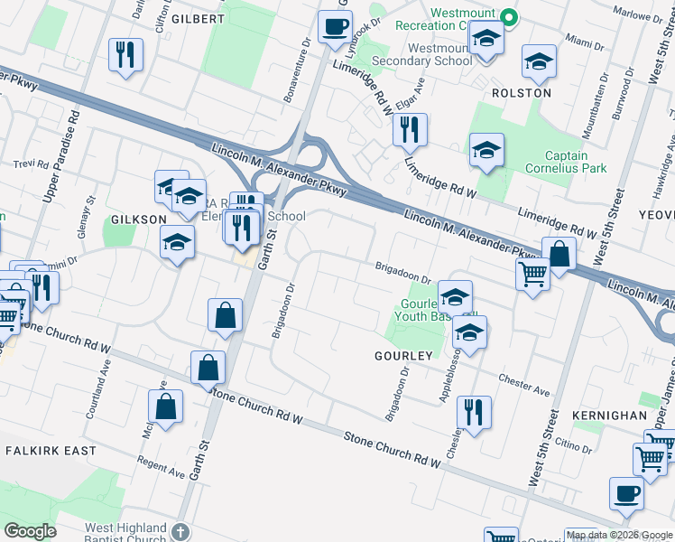 map of restaurants, bars, coffee shops, grocery stores, and more near 27 Heatherdale Place in Hamilton