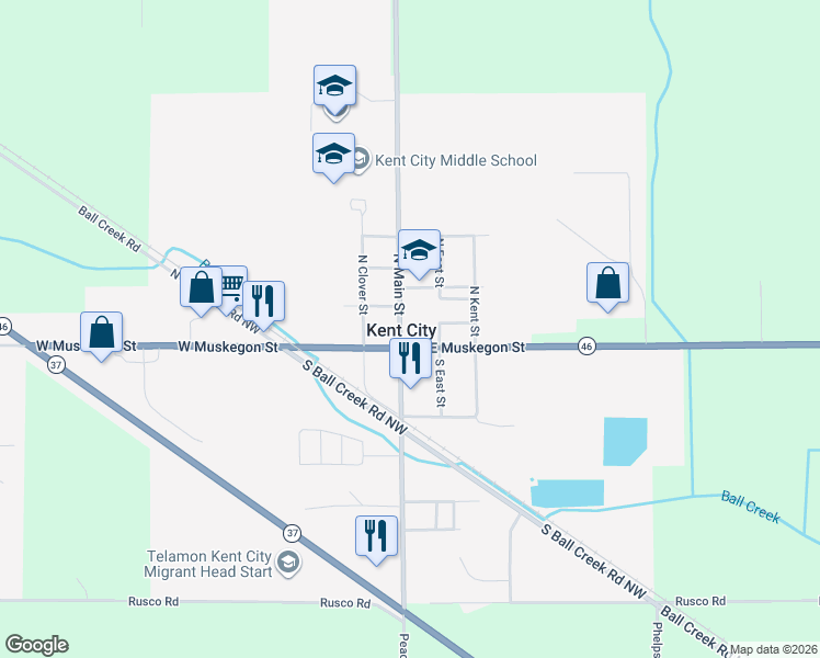 map of restaurants, bars, coffee shops, grocery stores, and more near 20 North Main Street in Kent City