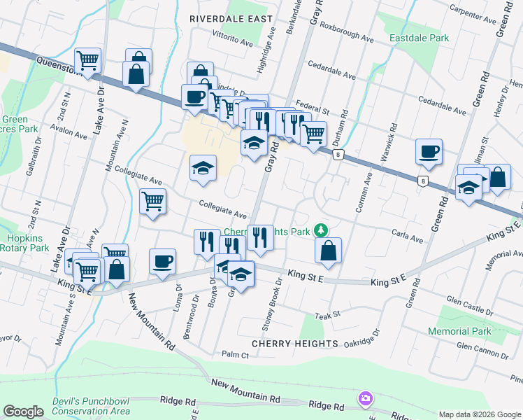 map of restaurants, bars, coffee shops, grocery stores, and more near 110 Gray Road in Hamilton