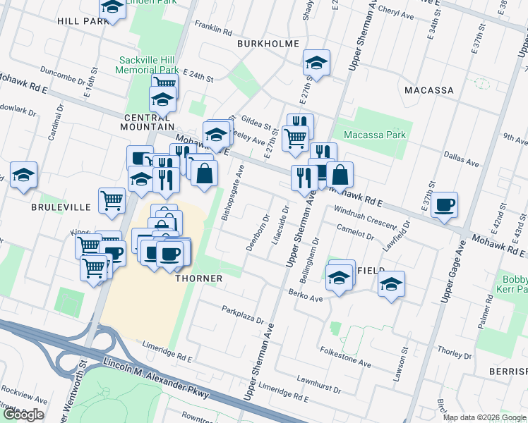 map of restaurants, bars, coffee shops, grocery stores, and more near 1 Melody Court in Hamilton